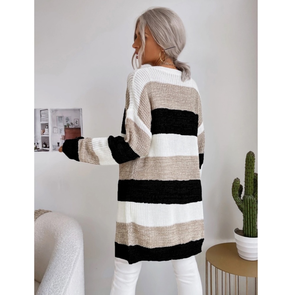 Colorblock Stripes Open Knit Cardigan Knee Length - Picture 3 of 8
